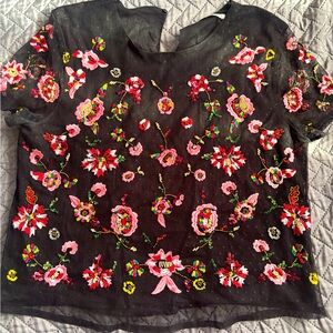 ZAZA BASIC  COLLECTION,  Floral Embroidered Sheer Black Top